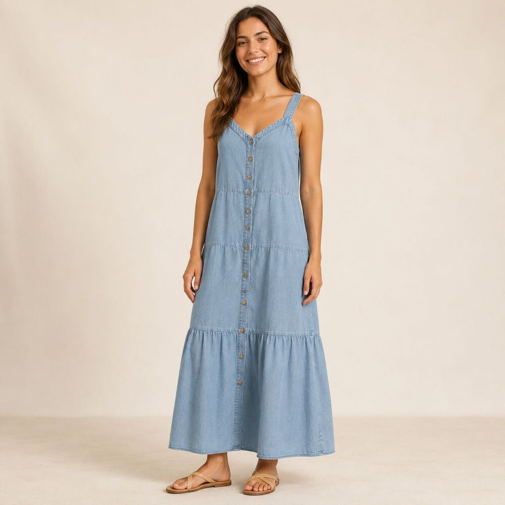 LOFT Chambray Lyocell Linen Tiered Button Front Maxi Dress Size 2